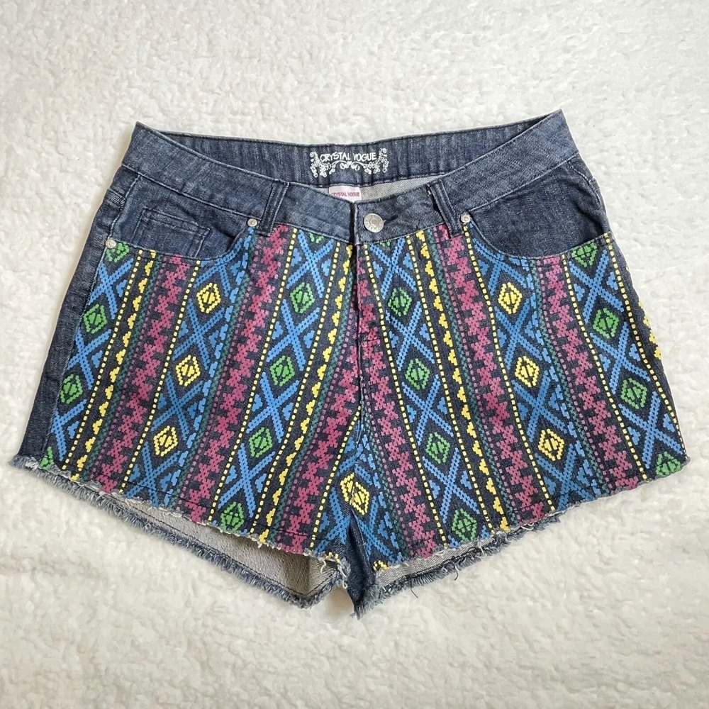 Crystal Vogue Jean Shorts Womens 16 Tribal Print Cotton Spandex Blue Geometric
